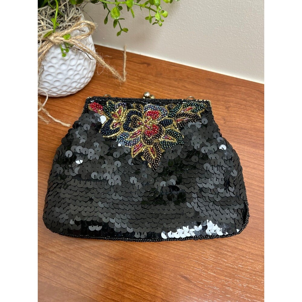 Vintage 1950's La Regale Colorful Beaded/Black Sequins Clamshell Evening Purse